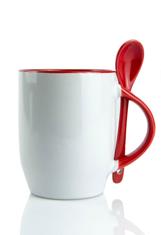 11oz. White/Red Ceramic Mug W/Spoon