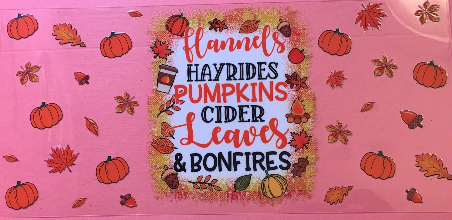 Flannels Hayrides Pumpkins Cider Leaves & Bonfires